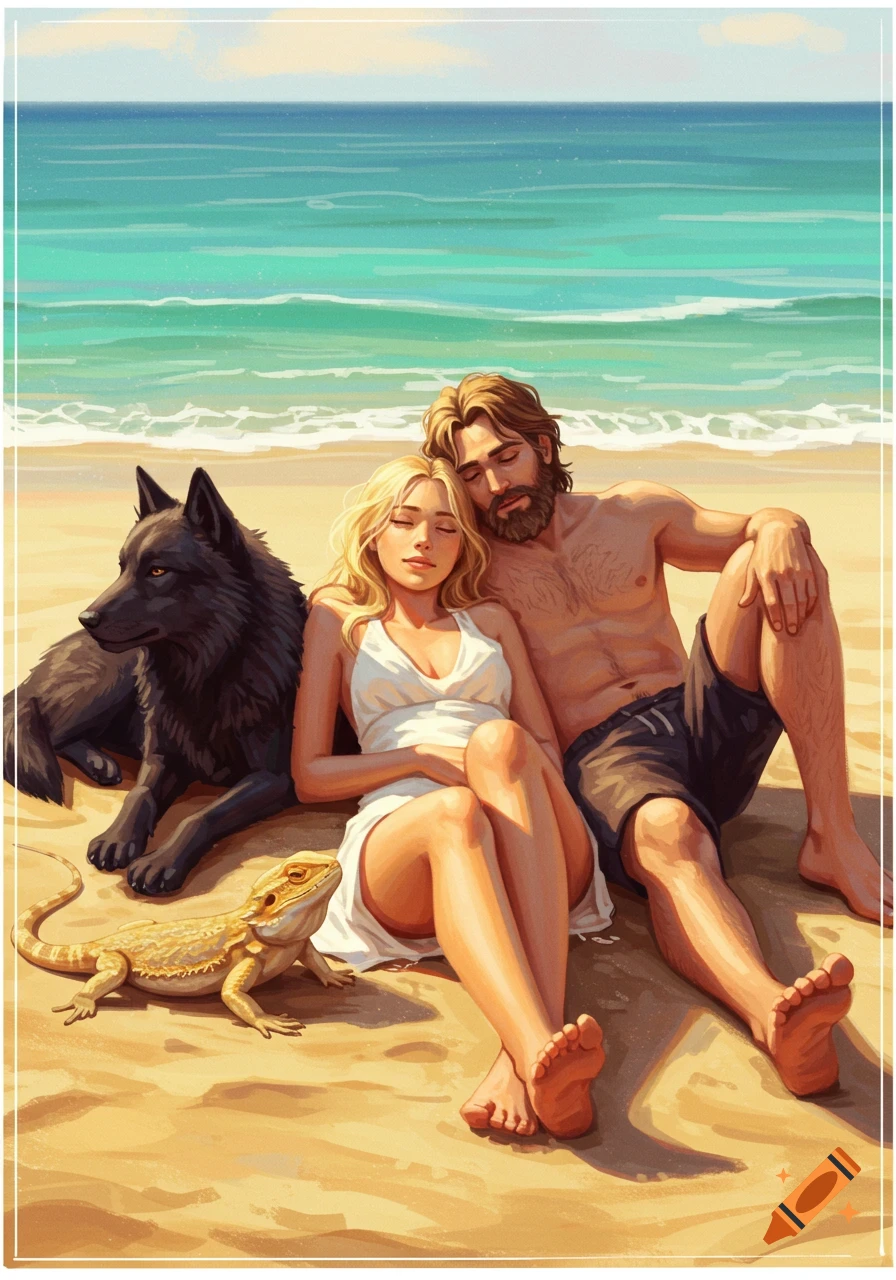 A blonde woman and bearded man relax on a sandy beach with a black wolf dog and a bearded dragon, ocean in background, digital art style.