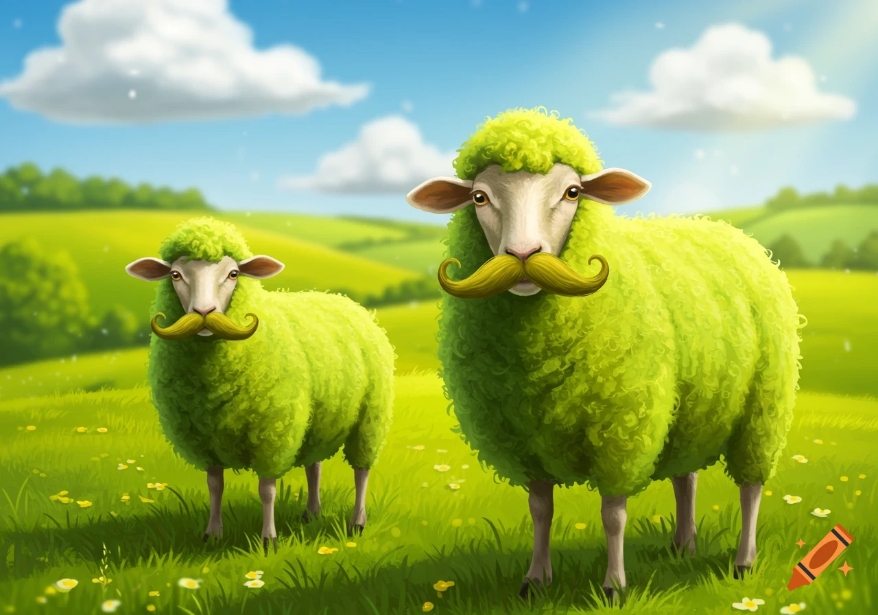 Two whimsical green sheep with large yellow mustaches stand in a sunny, rolling green field.