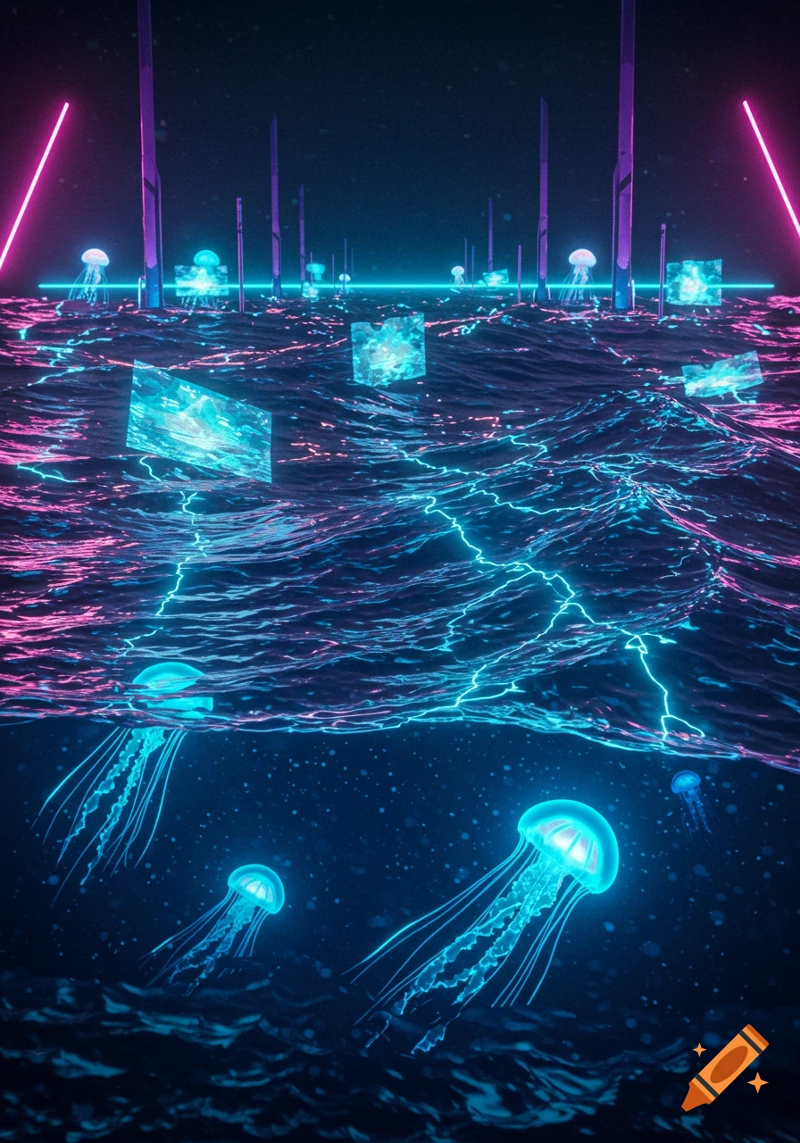 Neon blue and pink jellyfish swim in dark, wavy water with glowing geometric light structures above and below the surface.