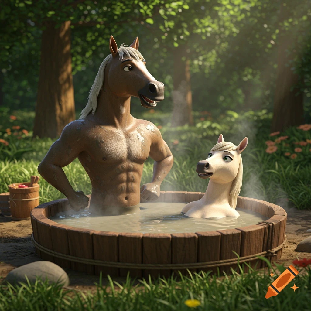 A buff anthropomorphic horse and a female horse in a wooden hot tub in a lush forest, 3D animation style.