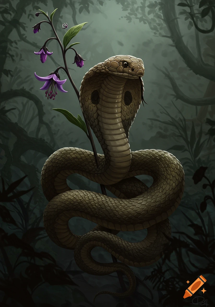 A stylized king cobra with its hood spread slightly, wrapped around a stem with purple flowers in a dark, misty jungle.