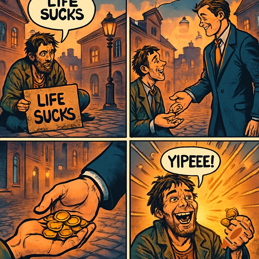 A four-panel comic. A homeless man holding a "LIFE SUCKS" sign is given gold coins by a rich man, then exclaims "YIPEEEE!".