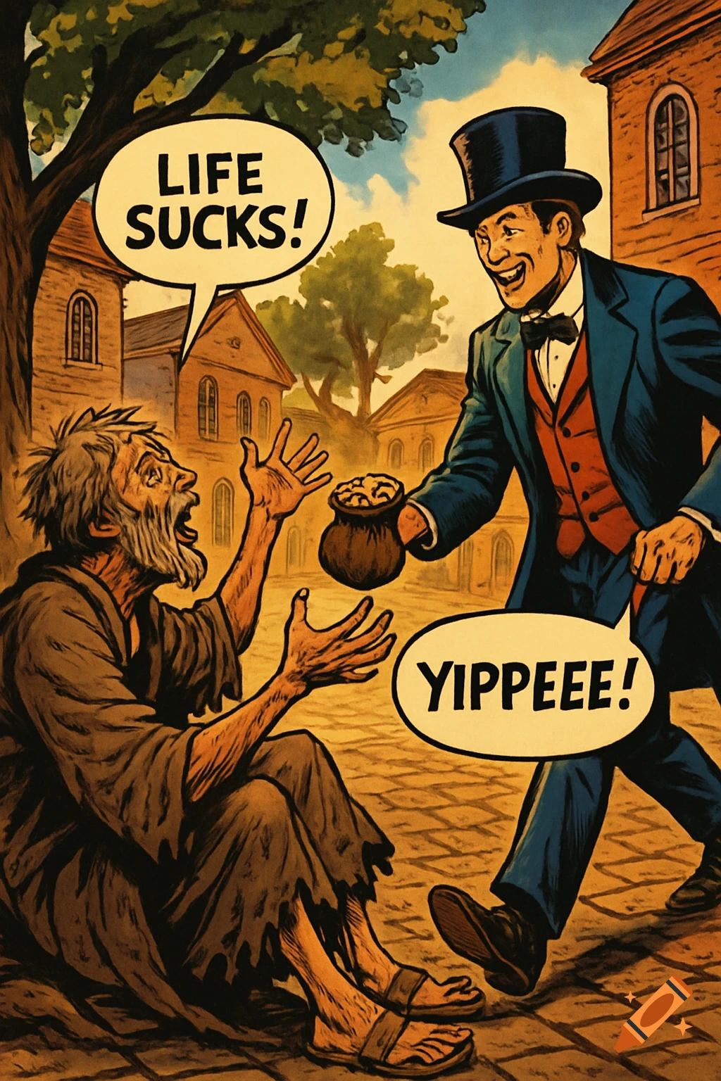 A comic illustration of a wealthy man in a top hat giving a pot of gold coins to a ragged homeless man. Speech bubbles say "LIFE SUCKS!" and "YIPPEEE!".