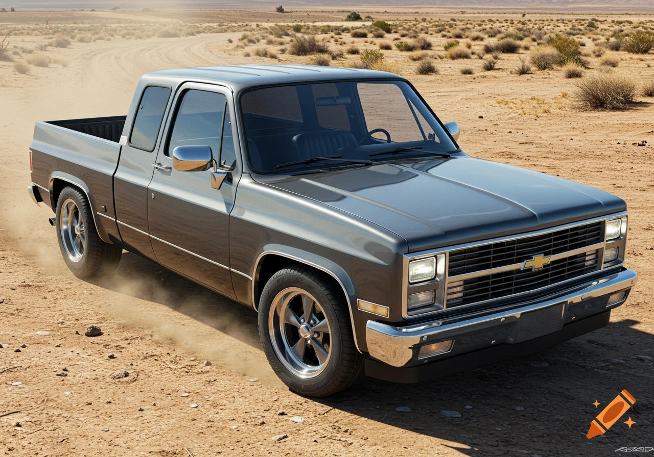 A dark gray two-tone classic pickup truck drives on a dirt road in a sunny desert landscape, kicking up dust.