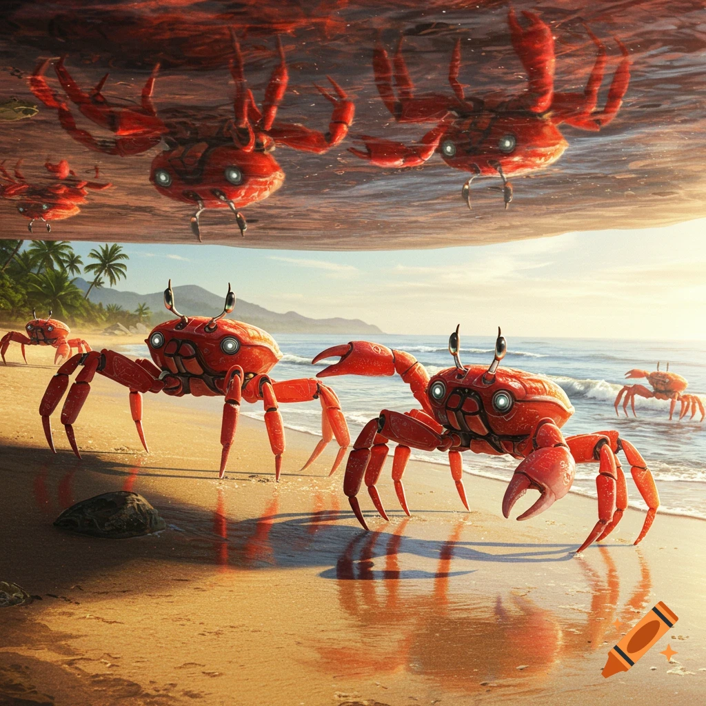 Red robotic crabs with glowing eyes on a sunlit beach with ocean waves, reflected in the wet sand, with more crabs mirrored upside down above.