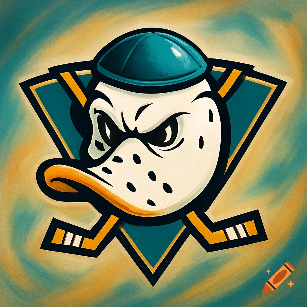 Mighty Ducks logo featuring a stylized duck head wearing a teal yamaka, with crossed hockey sticks on a swirling background.