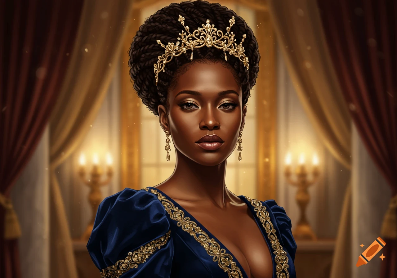 An elegant Black woman with a braided updo, wearing a golden crown and a blue velvet gown with gold embroidery, in a regal setting.