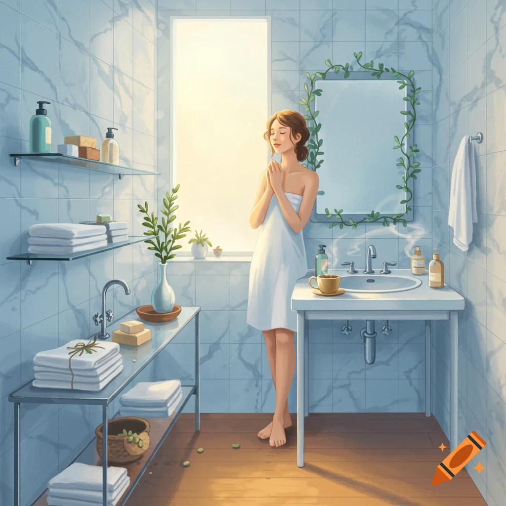 Illustrated scene of a woman in a white towel in a sunlit bathroom with shelves of toiletries and plants.