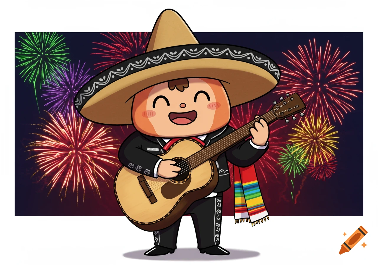 A happy cartoon character resembling Peccy, dressed as a mariachi, plays a guitar against a vibrant backdrop of fireworks.