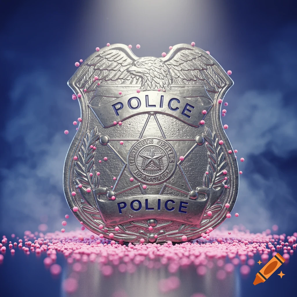 A shiny metallic police badge covered in pink sprinkles, set against a dark blue background.