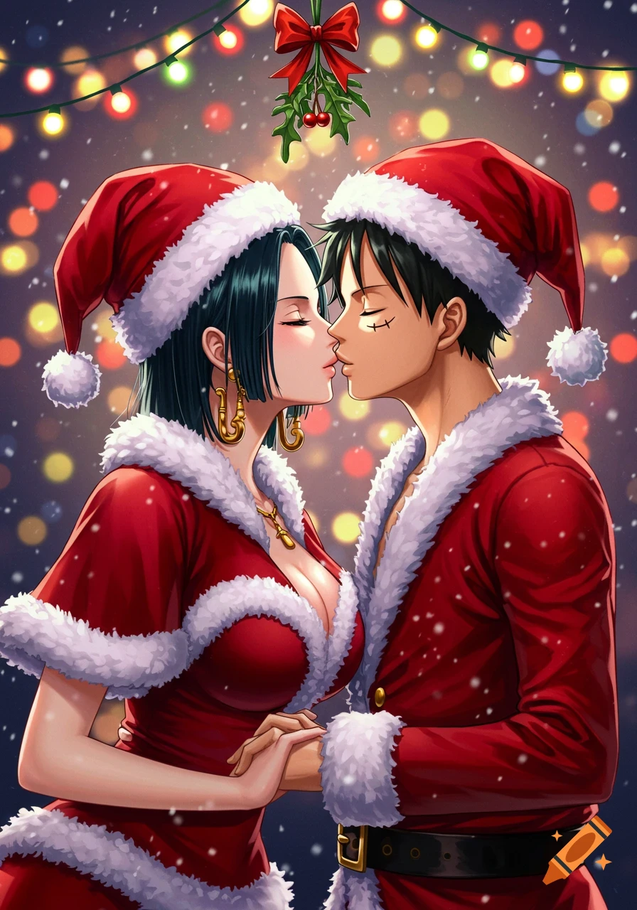 Anime illustration of Luffy and Hancock as Santa and Mrs. Claus kissing under mistletoe, with festive lights and falling snow.