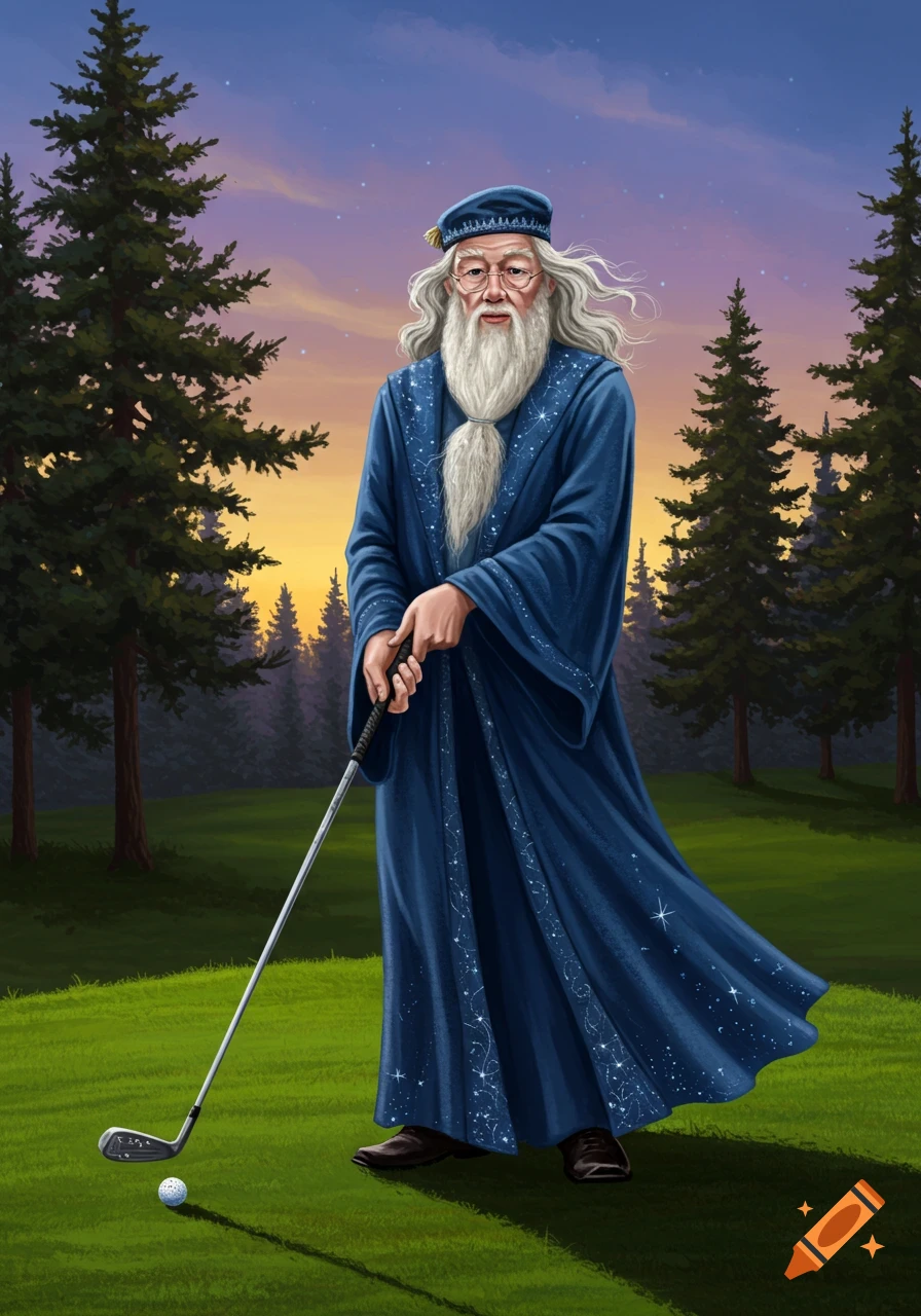 Illustrated Dumbledore in blue robes holding a golf club on a green golf course with pine trees and a sunset sky.