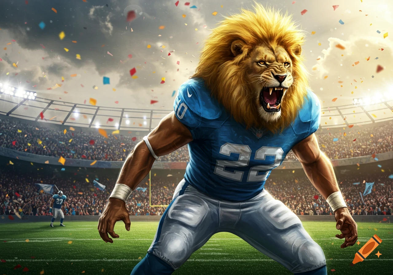 A powerful lion-headed football player wearing a blue jersey with number 22, roaring on a stadium field with confetti falling.