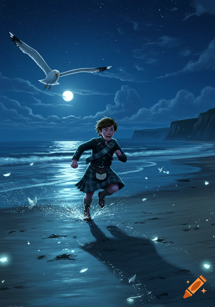Young boy in a kilt running through shallow water on a moonlit beach, with a seagull flying overhead.