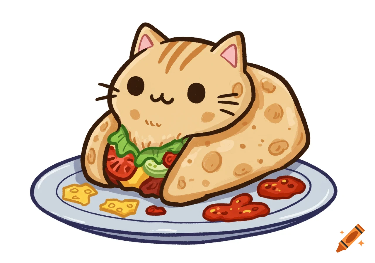 A cute cartoon cat, shaped like a burrito, is filled with lettuce, tomatoes, and cheese, served on a white plate with salsa and cheese chunks.