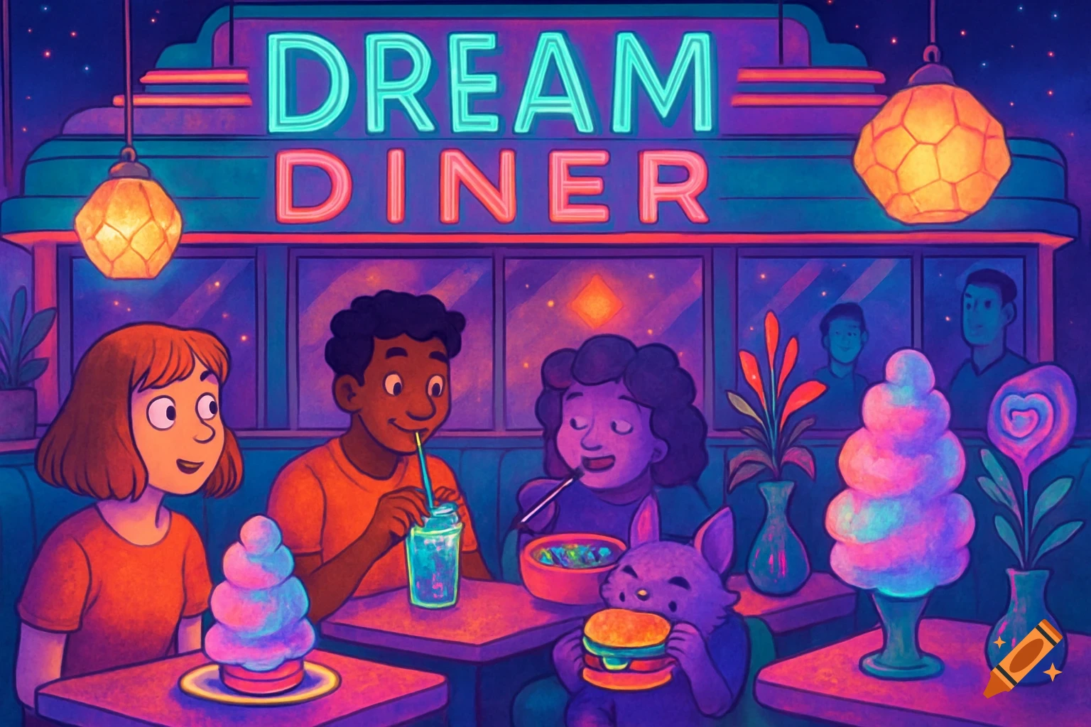 Whimsical illustration of diverse people and a purple creature eating in a neon-lit 'DREAM DINER' at night.