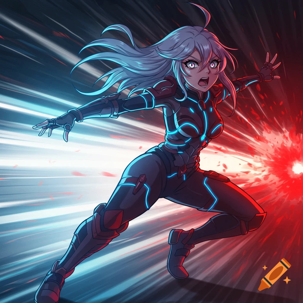 Anime girl in a dark, glowing blue sci-fi suit lunging forward amidst streaks of red and blue light.