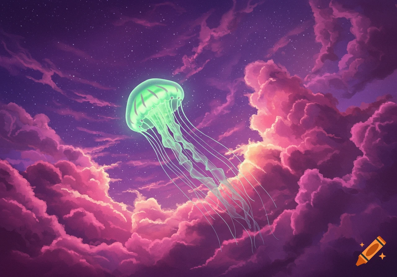 A glowing green jellyfish floats amidst vibrant pink and purple clouds in a starry night sky, rendered in a dreamy illustration style.