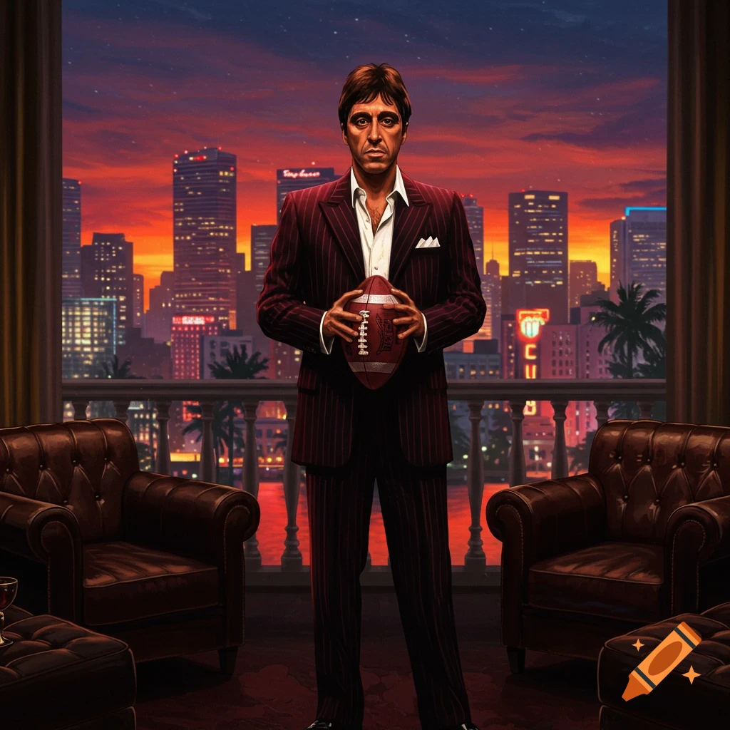 Al Pacino as Scarface in a pinstripe suit holding a football on a balcony overlooking a sunset Miami cityscape.