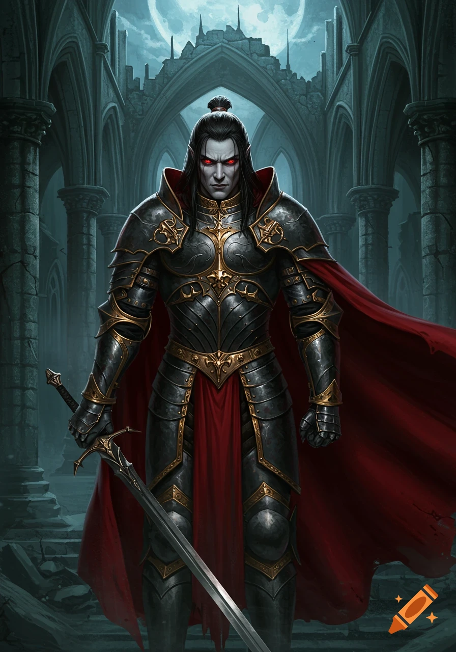 Pale-skinned vampire in black and gold armor, red cape, holding a sword in a moonlit ruined chapel. Dark fantasy art style.