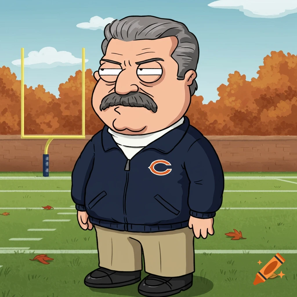 Family Guy style cartoon of Mike Ditka wearing a Chicago Bears jacket on a football field.