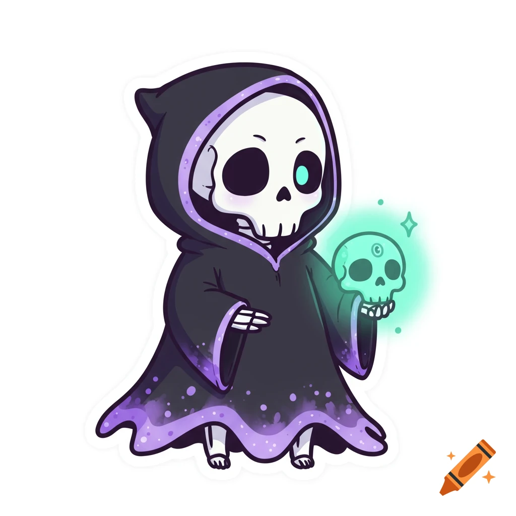 A cute, kawaii-style cartoon skeleton wearing a black and purple hooded robe, holding a glowing green skull, on a white background.