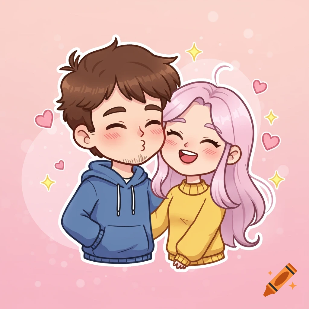 A cute chibi cartoon of a man with brown hair kissing a woman with pink hair on the cheek, with hearts and sparkles.