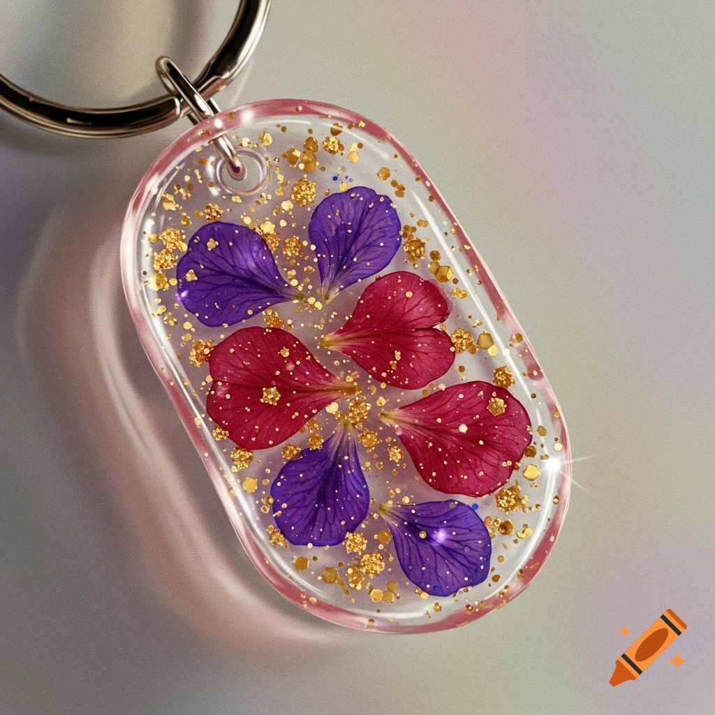 A close-up of a clear resin keychain featuring small red and purple flower petals and gold glitter suspended within, attached to a metal ring.