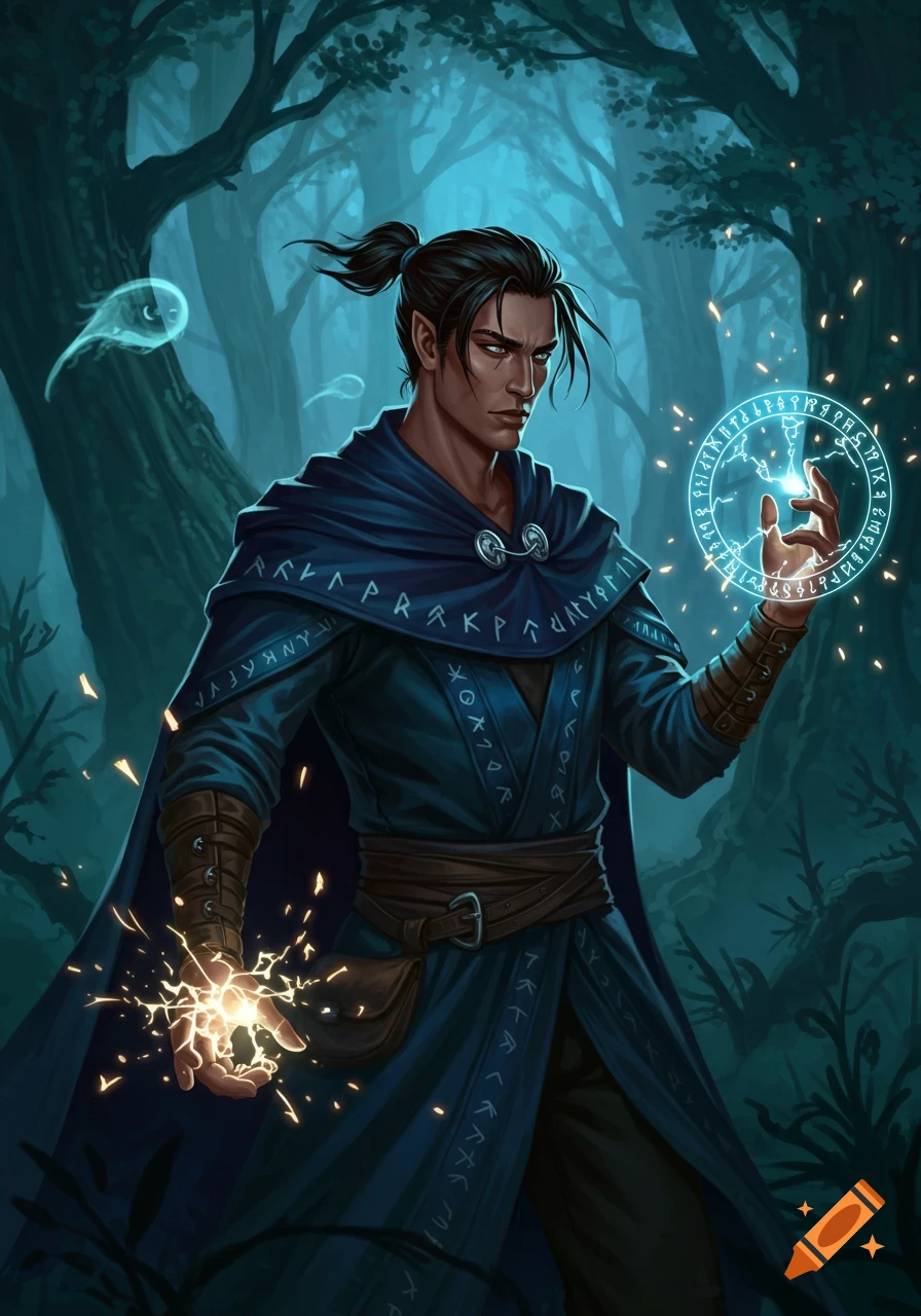 A dark-haired male elf-like mage in a blue robe and cloak casts a glowing magical sphere and sparks in a mystical forest.