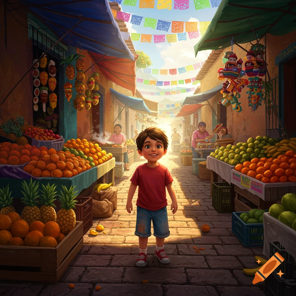 A smiling cartoon boy in a red shirt and denim shorts stands in the middle of a vibrant, sunny market street filled with fruit stalls and colorful banners.