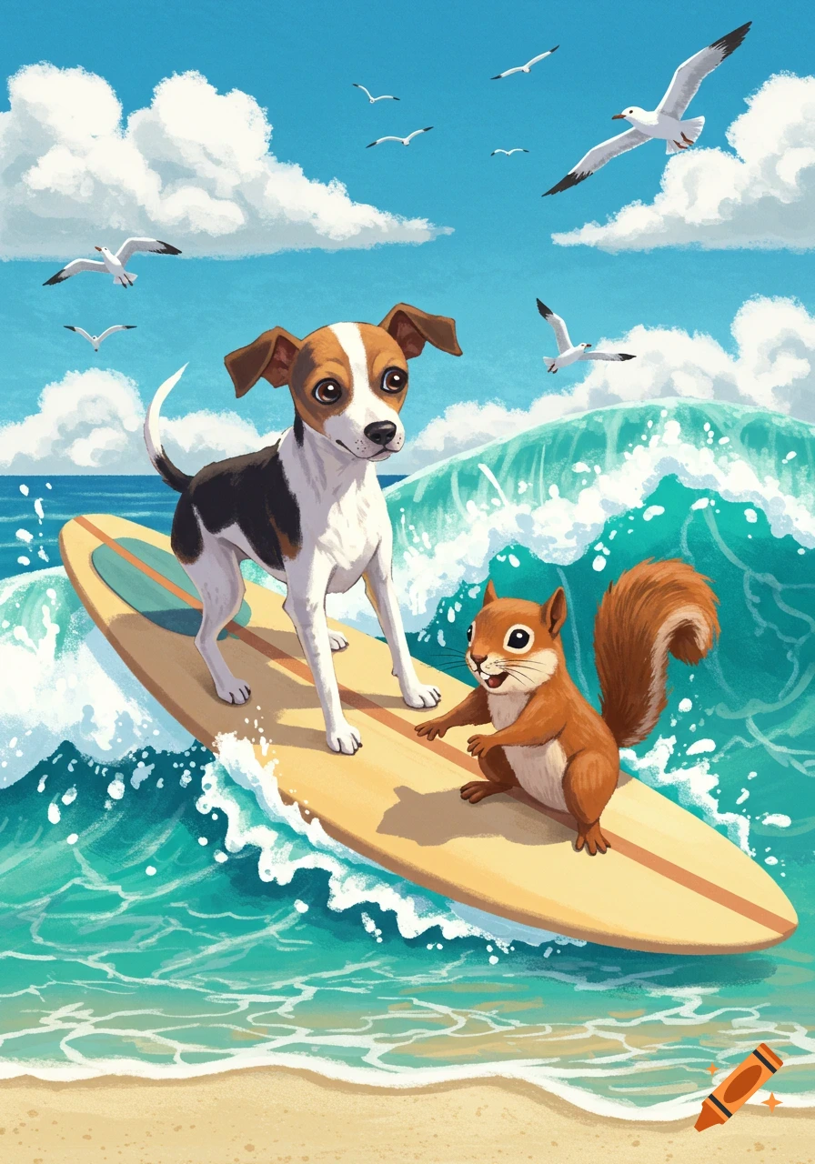 Illustrated dog and squirrel surfing on a longboard at the beach with seagulls flying in a blue sky.
