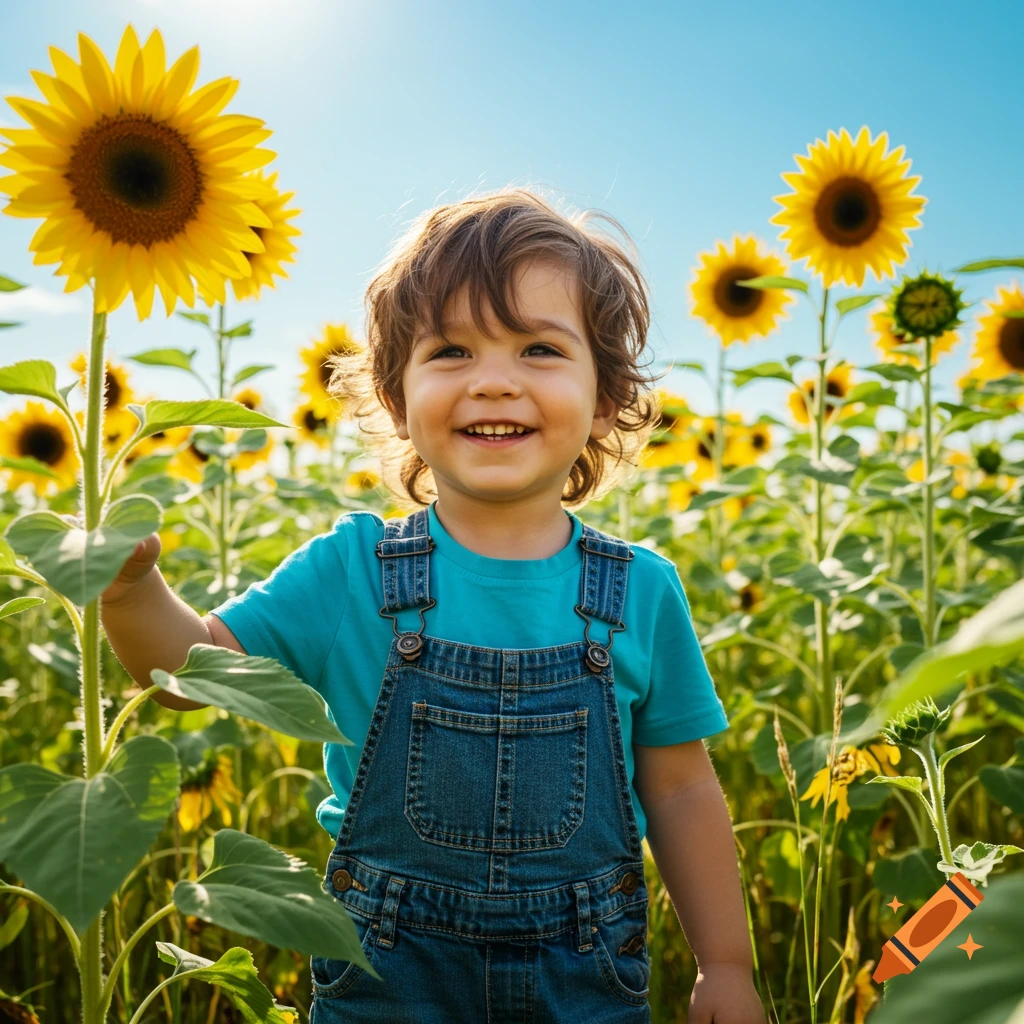 A happy toddler in denim overalls and a blue shirt smiles in a sunlit field of tall sunflowers.