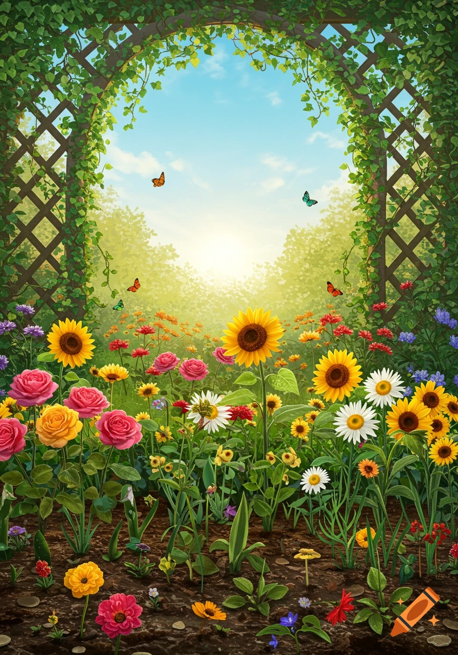 A vibrant garden illustration with sunflowers, roses, and daisies blooming under a leafy archway. Butterflies flutter in the bright blue sky.