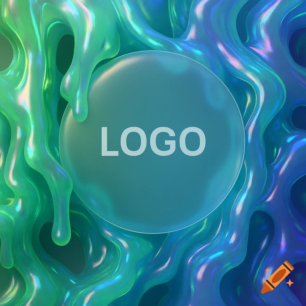 Glossy green and blue liquid abstract background with a central frosted circle placeholder for a logo.