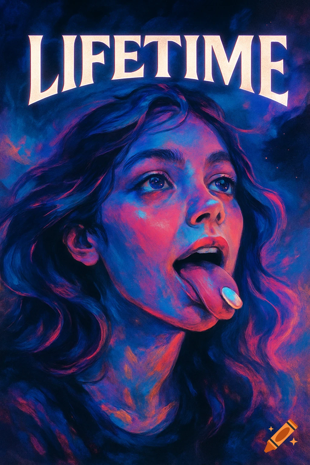 Vibrant, stylized illustration of a woman with her tongue out, a pill on it. Text 'LIFETIME' arches above, with pinks, blues, and purples.