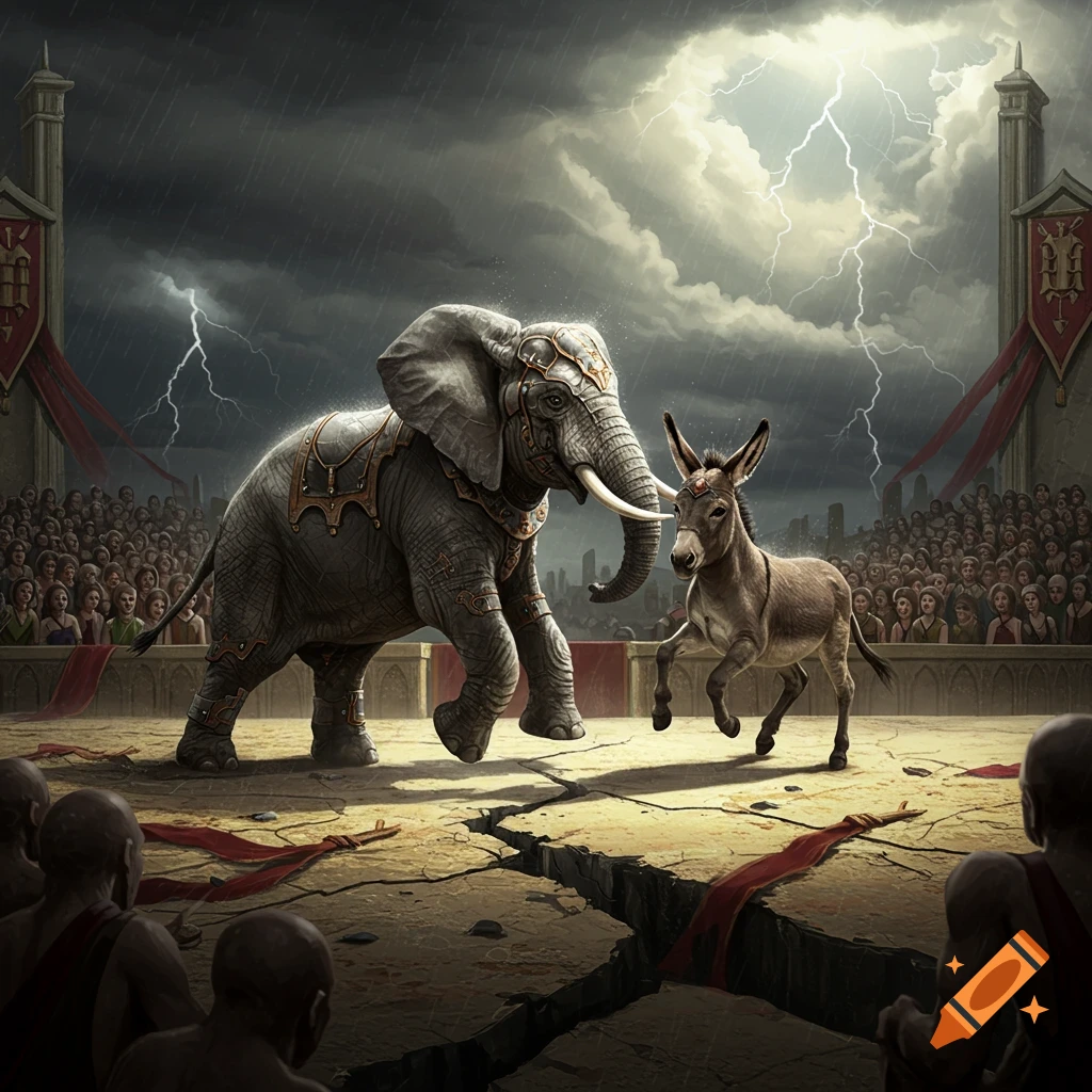 A dramatic illustration of an armored elephant and a donkey in an ancient arena under a stormy sky with lightning, as a crowd watches.
