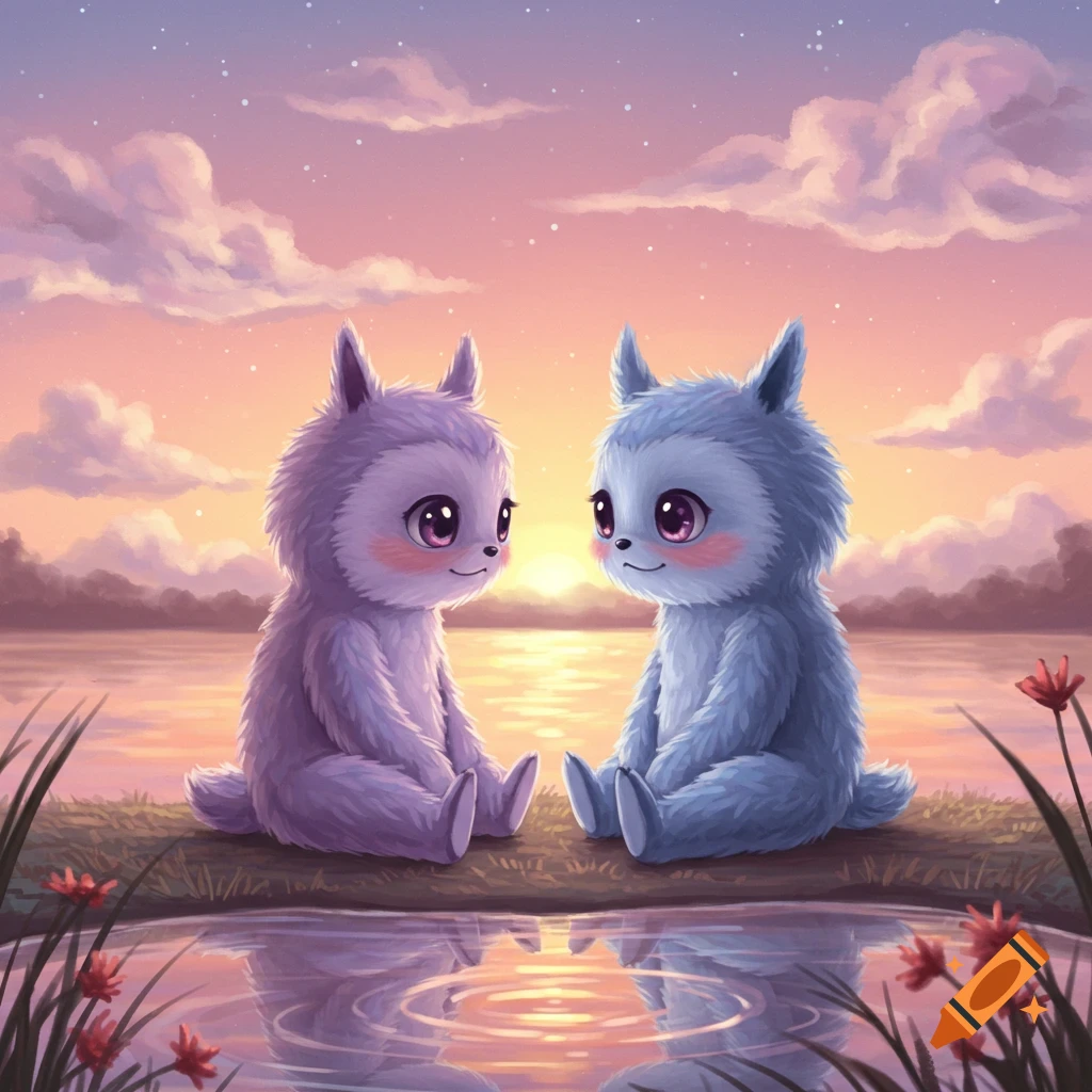 Two adorable fluffy creatures, one lavender and one blue, sit facing each other by a lake under a soft sunset sky. Digital art.