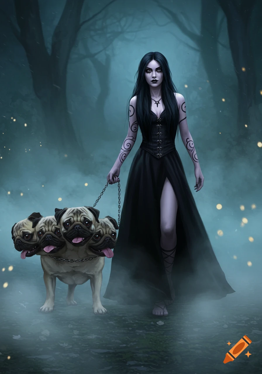 A dark-haired demon woman in a black dress walks a three-headed pug through a misty forest at night.