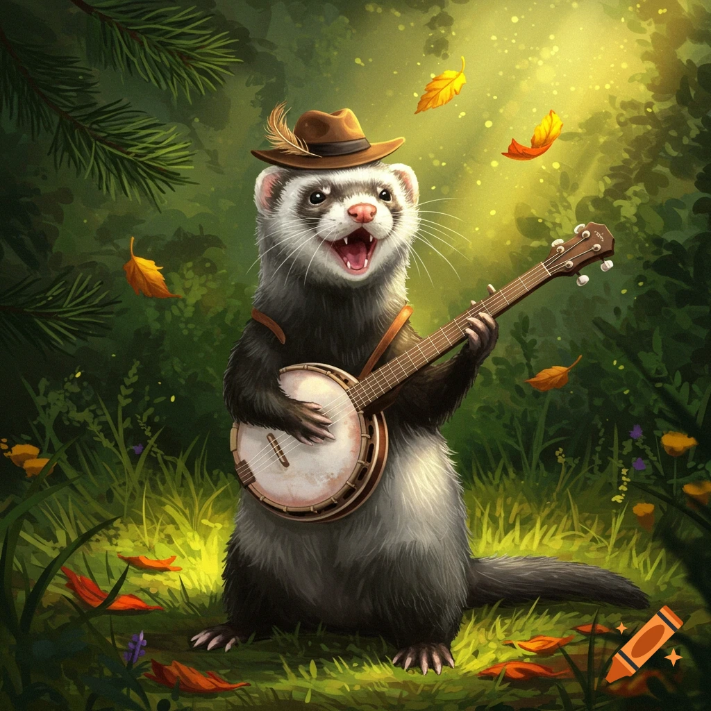 An illustrated ferret wearing a brown hat plays a banjo in a sunlit forest with falling leaves.