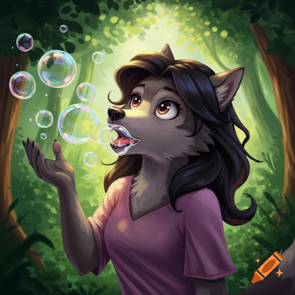 Disney-style anthropomorphic wolf woman with dark hair, wearing a pink shirt, blowing colorful bubbles in a sunlit forest.