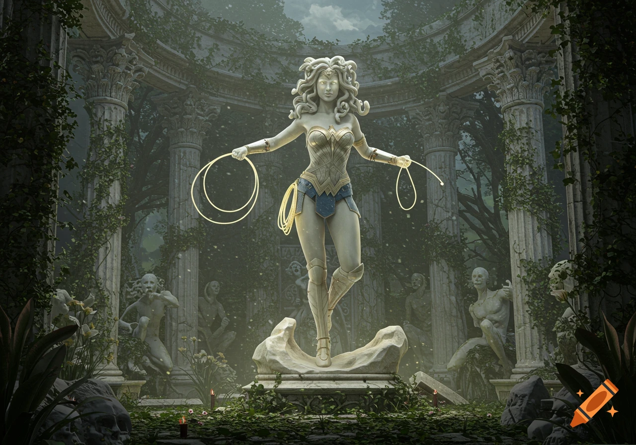 A moss-covered statue of Wonder Woman with a glowing lasso stands in ancient, overgrown ruins under a cloudy sky.