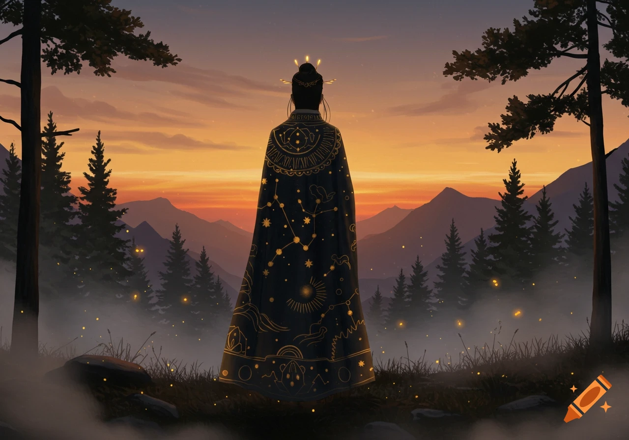A person in a black robe adorned with golden constellations stands in a misty forest, facing a vibrant sunset over mountains.