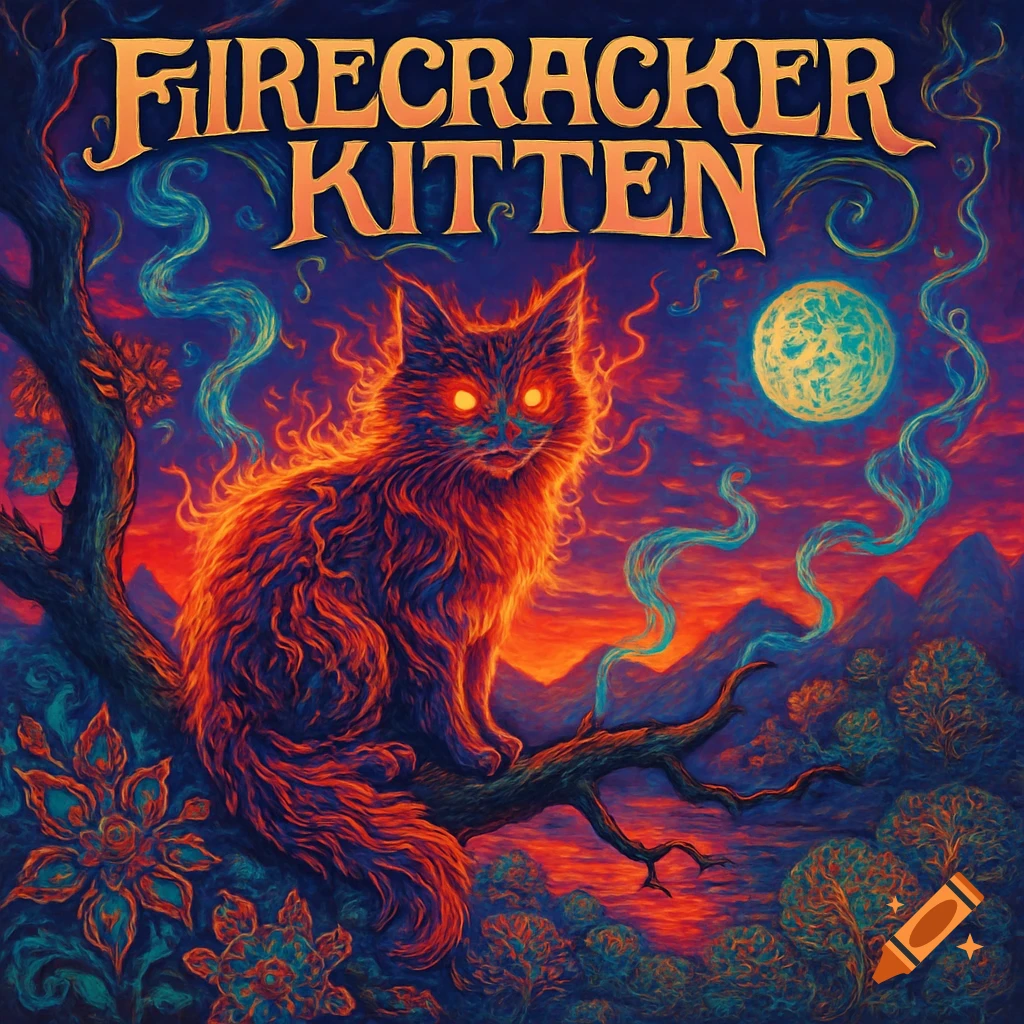 Psychedelic art of a fiery, glowing cat perched on a tree branch at night, under a pale moon. Text reads 'FIRECRACKER KITTEN'.