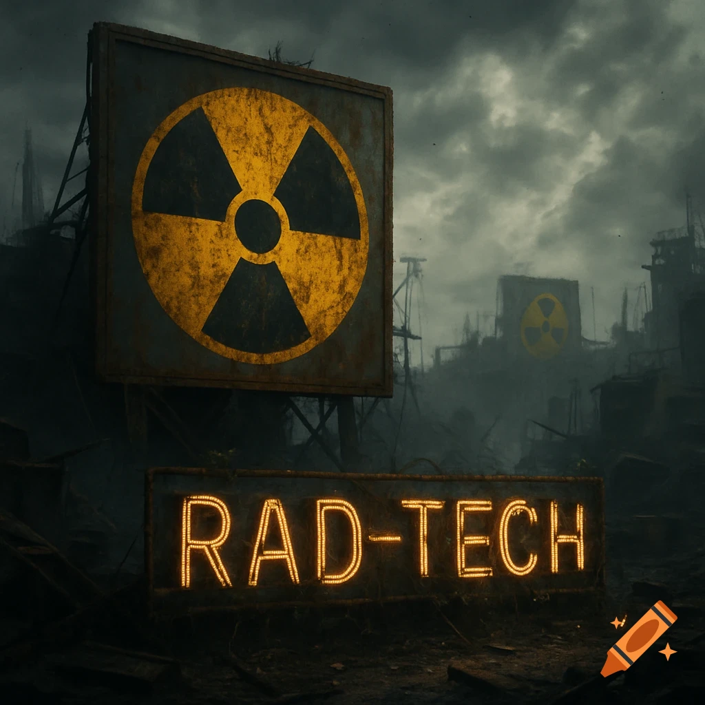 A grim, post-apocalyptic scene featuring a large, rusty radiation symbol sign and a glowing 'RAD-TECH' sign amidst ruins under a dark sky.