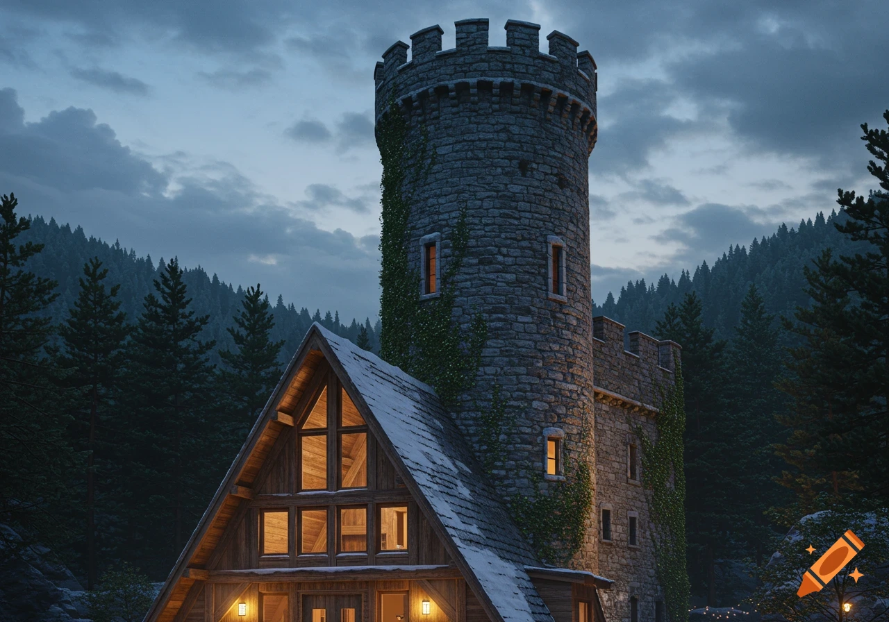 A wooden A-frame house with a stone castle tower at dusk, surrounded by pine forests, with lights glowing from the windows.