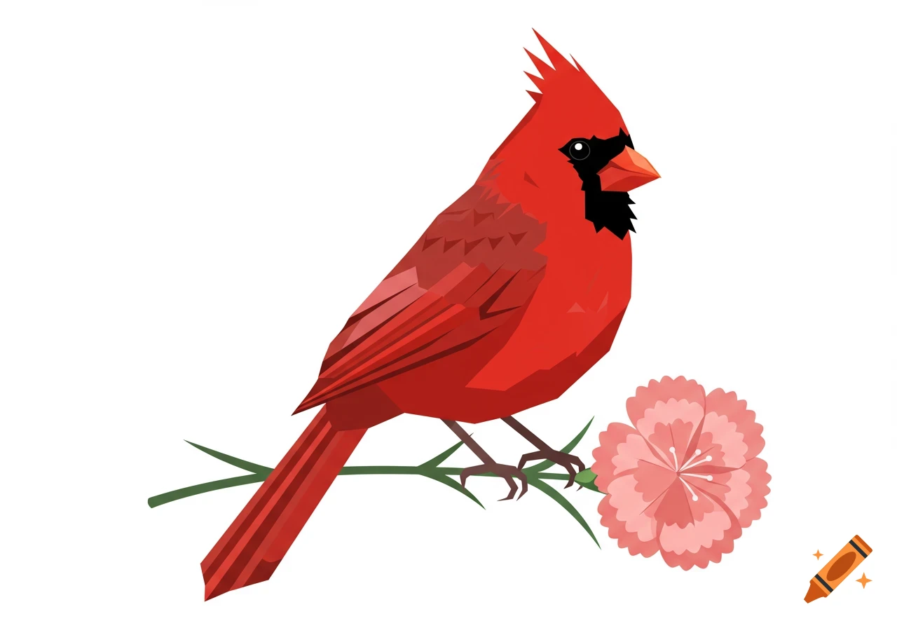 Graphic illustration of a red cardinal bird perched on a branch next to a pink carnation flower.