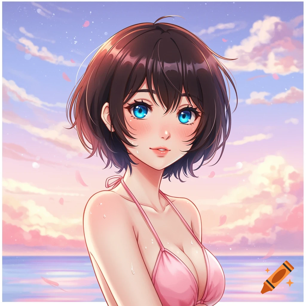 Anime girl with dark brown pixie cut and bright blue eyes, blushing, wearing a pink bikini against a soft pink and blue sunset sky.