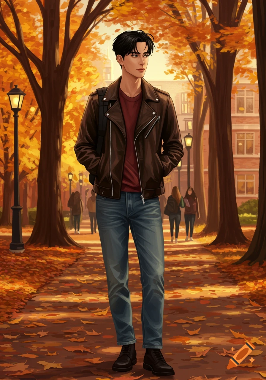 A tall, lanky male college student with black hair wearing a leather jacket and jeans walks on an autumn path filled with fallen leaves, in an anime style.