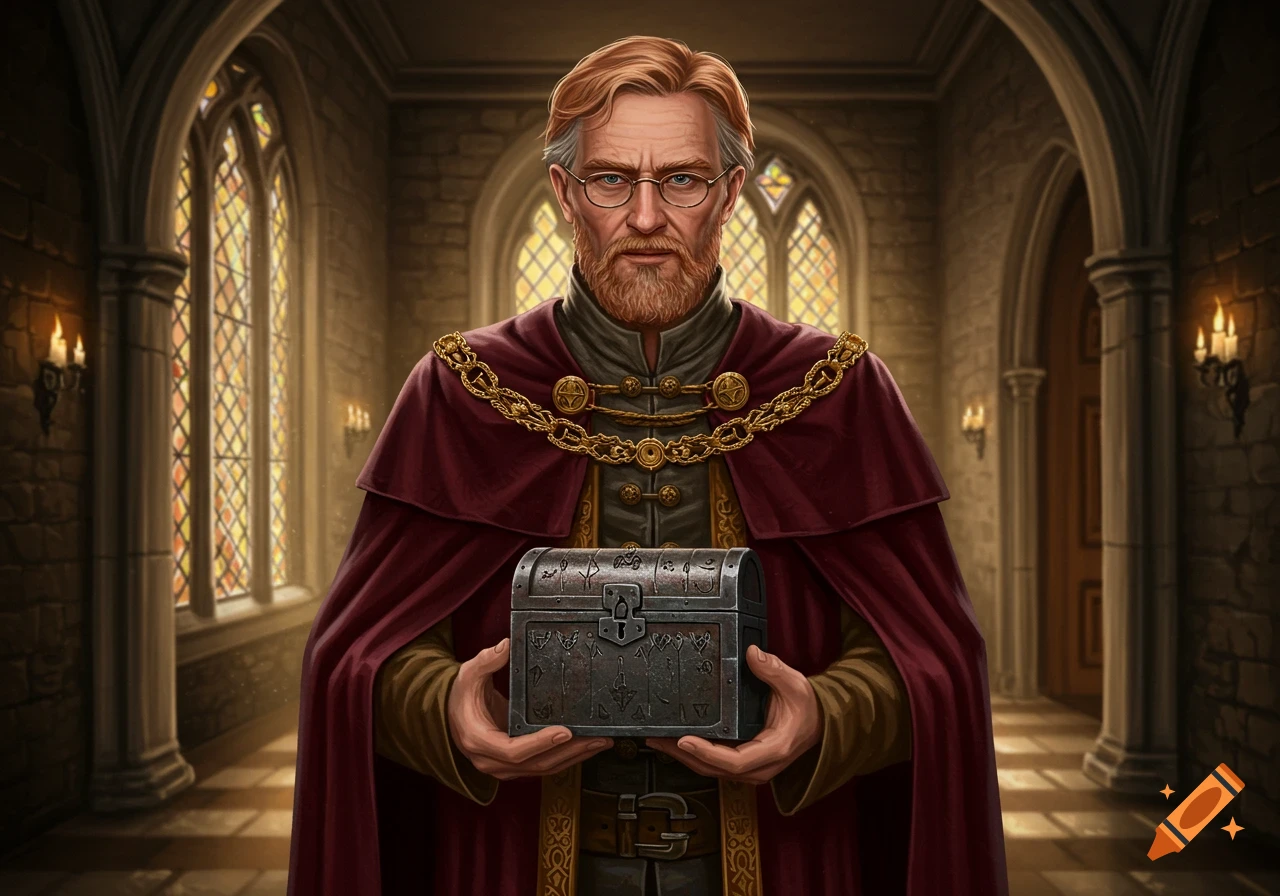 A distinguished old nobleman with red hair and beard, wearing a red cloak and gold chain, holds an ornate iron lockbox in a grand hall.
