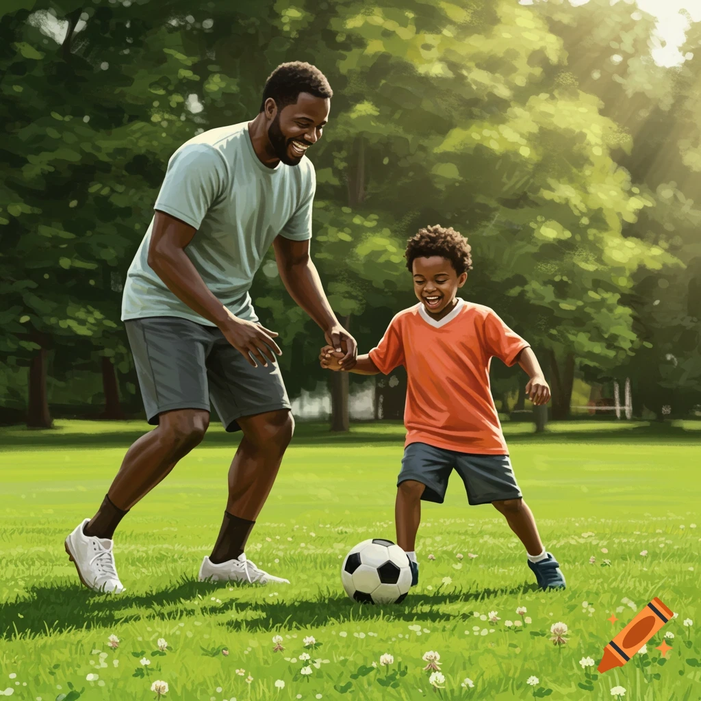 A joyful Black father and son play soccer in a sunny green park.